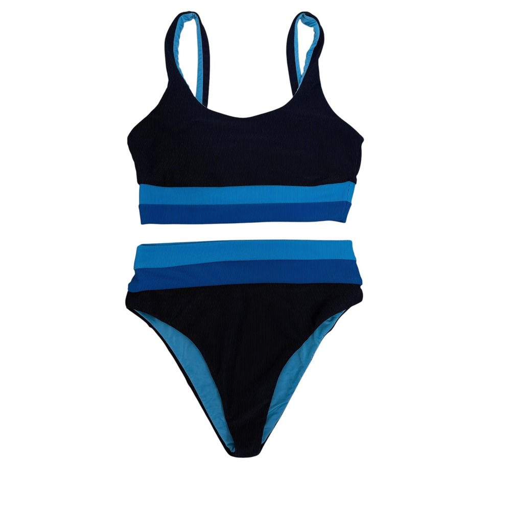 Beach Riot Blue Ribbed Bikini Set Size M High Waisted Sporty Scoop Neck USA